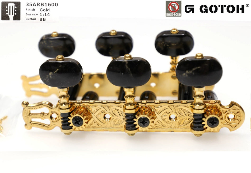 Gotoh 35ARB1600(G)BB Tuners with 10mm Black Aluminium Rollers for Acoustic Guitars (Gold)
