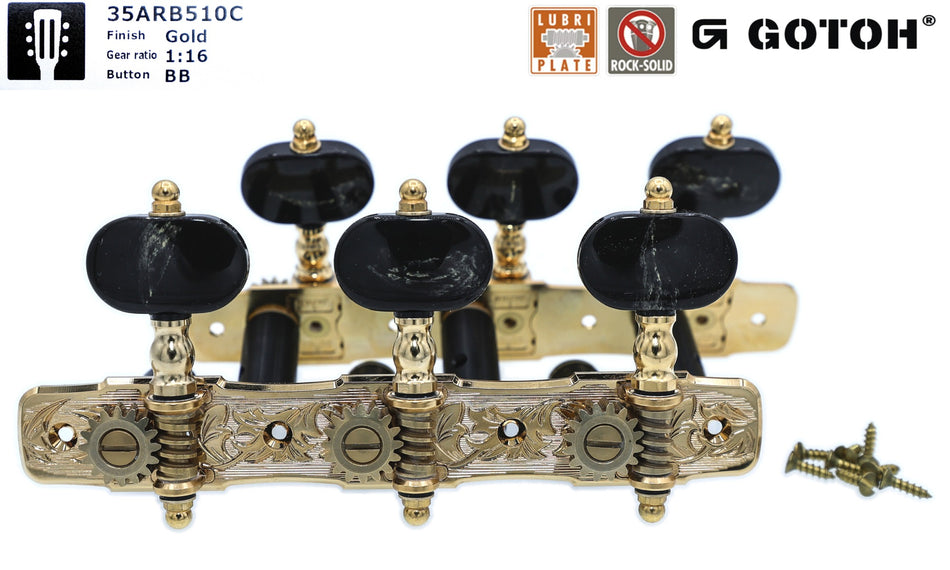 Gotoh 35ARB510C(G)BB Tuners with 10mm Black Aluminium Rollers for Acoustic Guitars (Gold)