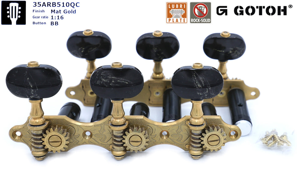 Gotoh 35ARB510QC(G)BB Tuners with 10mm Black Aluminium Rollers for Acoustic Guitars (Gold)