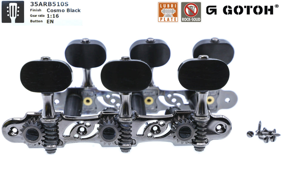 Gotoh 35ARB510S(CK)EN Tuners with 10mm Black Aluminium Rollers for Acoustic Guitars (Cosmo Black, Ebony knobs)