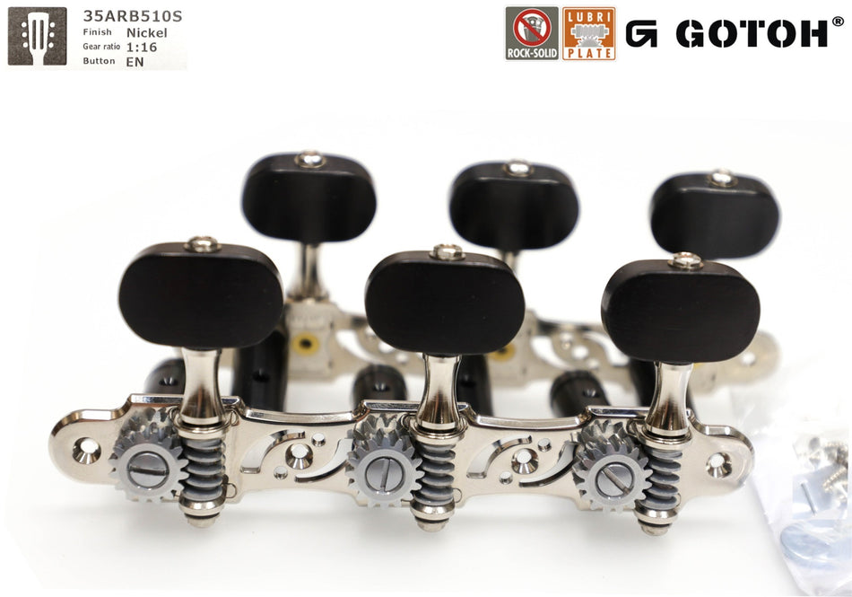 Gotoh 35ARB510S(N)EN Tuners with 10mm Black Aluminium Rollers for Acoustic Guitars (Nickel, Ebony Knobs)