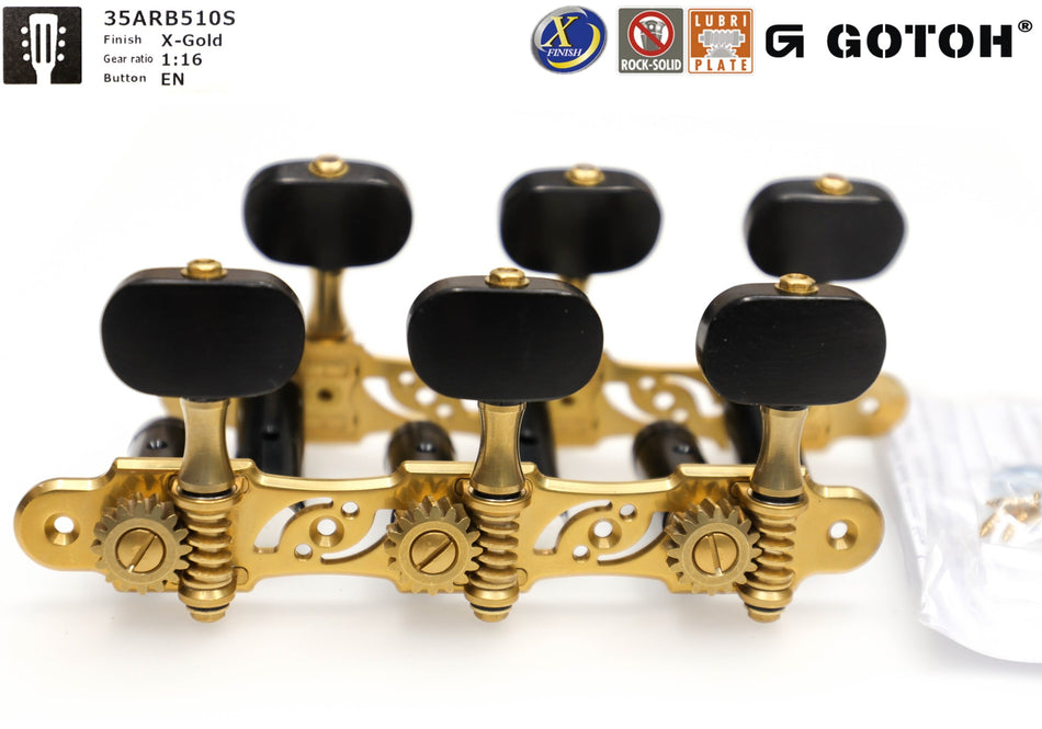 Gotoh 35ARB510S(xG)EN Tuners with X-Finish & 10mm Black Aluminium Rollers for Acoustic Guitars (X-Finish Gold, Ebony Knobs)