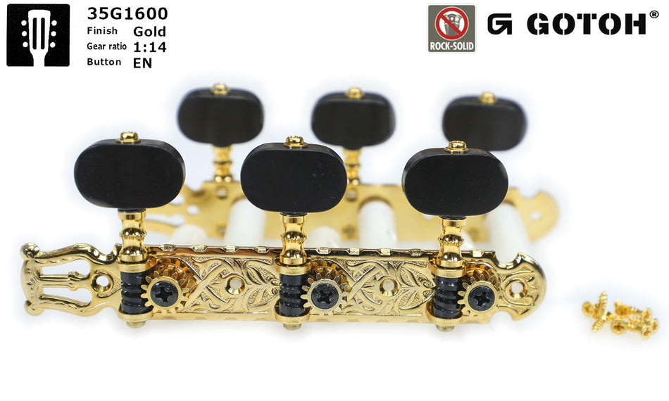 Gotoh 35G1600(G)EN Tuners with 10mm Plastic Rollers for Acoustic Guitars (Gold, Ebony Knobs)