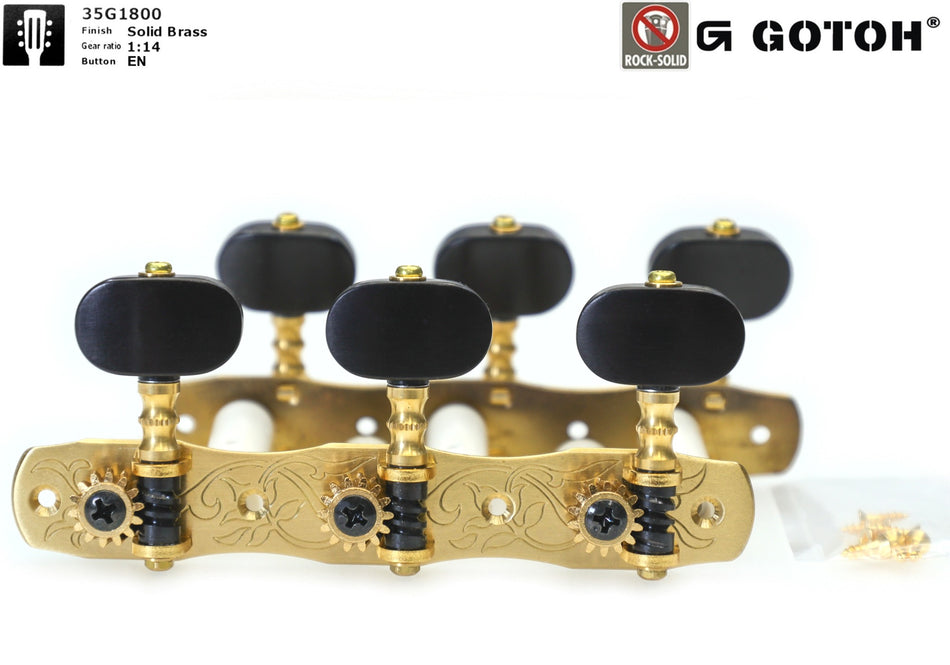 Gotoh 35G1800(SB)EN Tuners with 10mm Plastic Rollers for Acoustic Guitars (Solid Brass, Ebony Knobs)