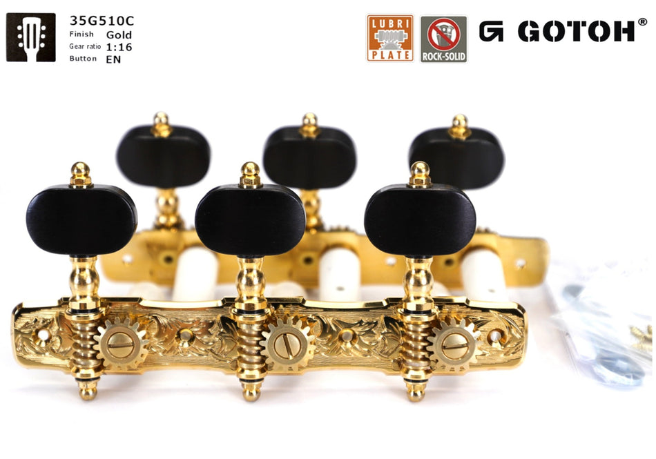 Gotoh 35G510C(G)EN Tuners with 10mm Plastic Rollers for Acoustic Guitars (Gold, Ebony Knobs)