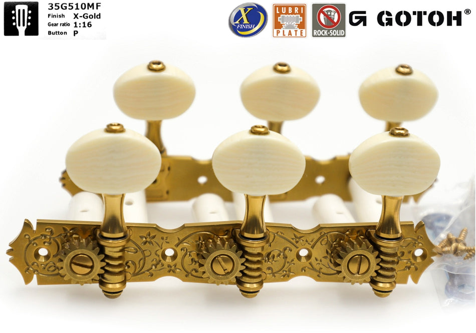 Gotoh 35G510MF(xG)P Tuners with X-Finish & 10mm Plastic Rollers for Acoustic Guitars (X-Finish Gold)