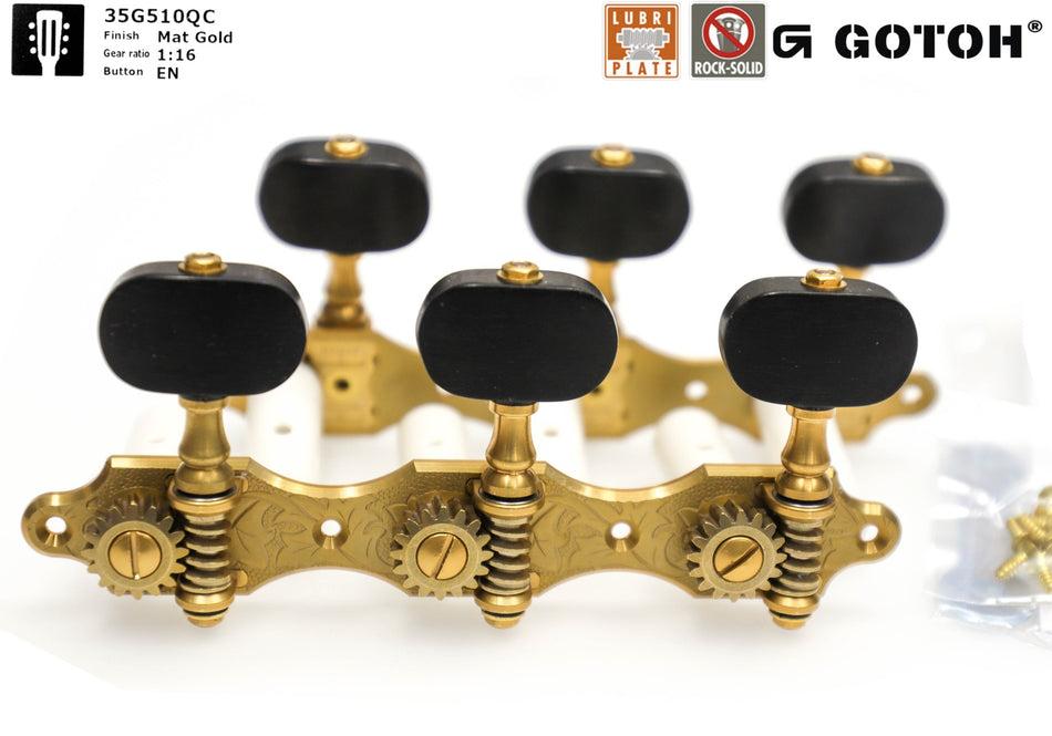 Gotoh 35G510QC(G)EN Tuners with 10mm Plastic Rollers for Acoustic Guitars (Gold, Ebony Knobs)