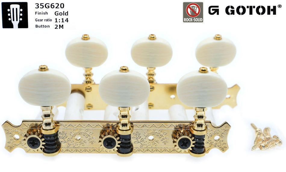 Gotoh 35G620(G)2M Tuners with 10mm Plastic Rollers for Acoustic Guitars (Gold)