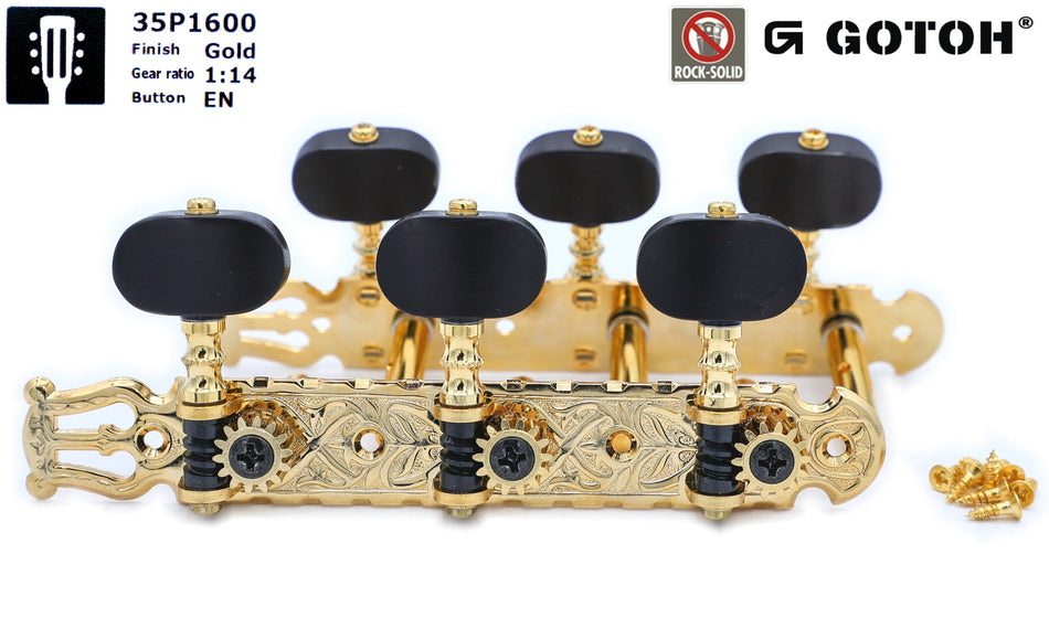 Gotoh 35P1600(G)EN Tuners with 6mm Metal Rollers for Acoustic Guitars (Gold, Ebony Knobs)