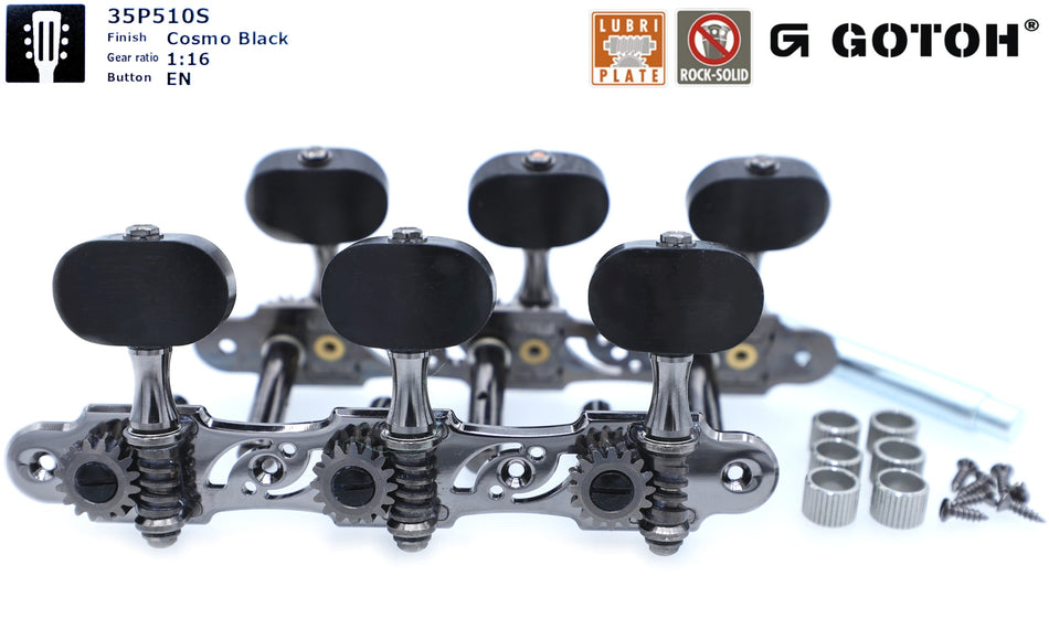 Gotoh 35P510S(CK)EN Tuners with 6mm Metal Rollers for Acoustic Guitars (Cosmo Black, Ebony knobs)