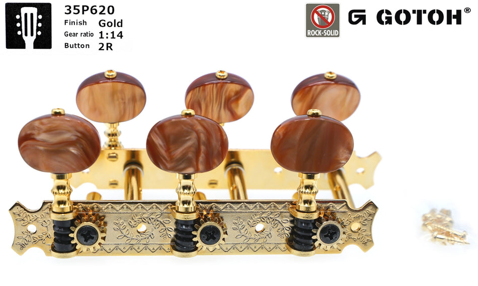 Gotoh 35P620(G)2R Tuners with 6mm Metal Rollers for Acoustic Guitars (Gold)