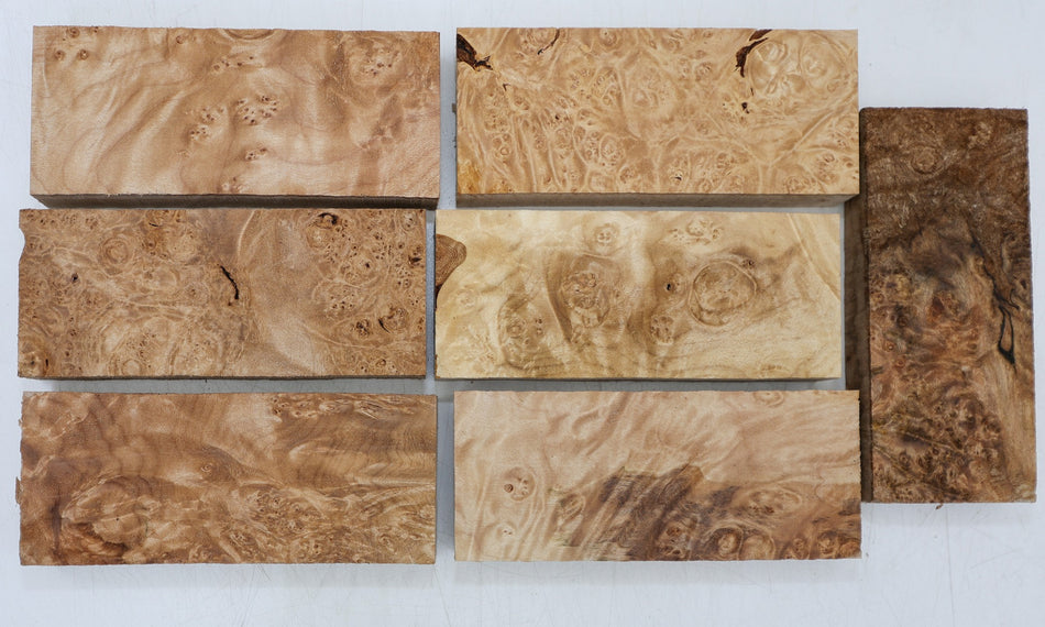 Maple Burl Knife Scales, 7 pieces, 1" x 2" x 5" each (GREAT FIGURE) - Stock# 6-6898