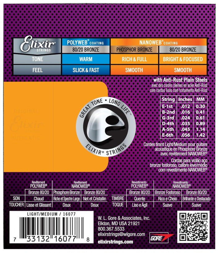 Elixir Acoustic Guitar Strings, Phosphor Bronze Nanoweb Coated, Light-Medium 16077 (12-56)