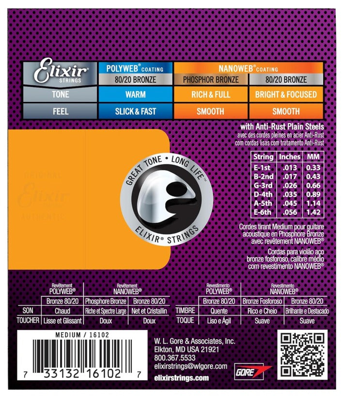 Elixir Acoustic Guitar Strings, Phosphor Bronze Nanoweb Coated, Medium 16102 (13-56)