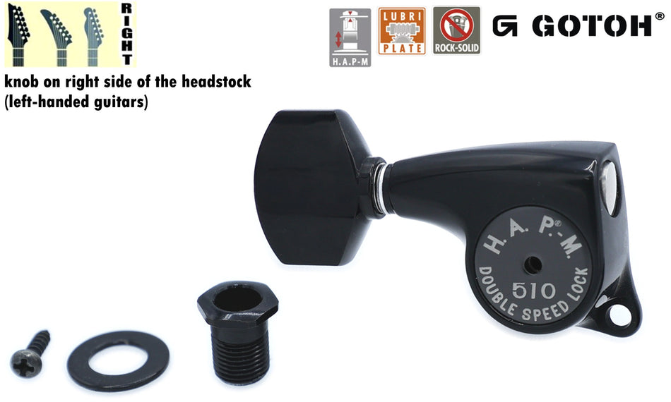Gotoh SGL510(B)A07 H.A.P.-M Guitar Tuner with Adjustable Post from 20.5 to 23mm, 1 Right (Black)