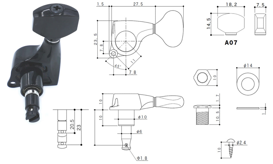Gotoh SGL510(B)A07 H.A.P.-M Guitar Tuner with Adjustable Post from 20.5 to 23mm, 1 Left (Black)