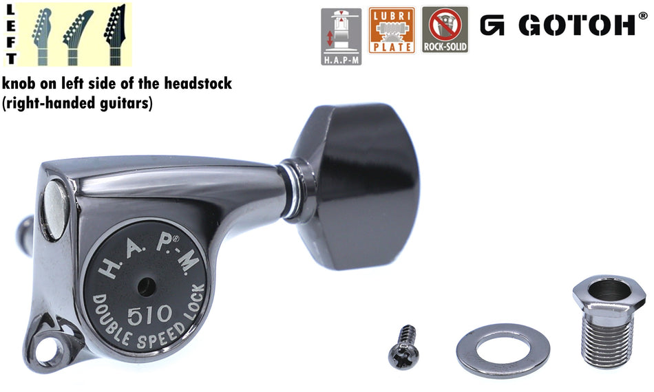 Gotoh SGL510(CK)A07 H.A.P.-M Guitar Tuner with Adjustable Post from 20.5 to 23mm, 1 Left (Cosmo Black)