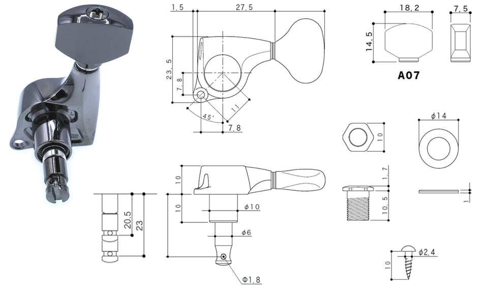 Gotoh SGL510(CK)A07 H.A.P.-M Guitar Tuner with Adjustable Post from 20.5 to 23mm, 1 Left (Cosmo Black)