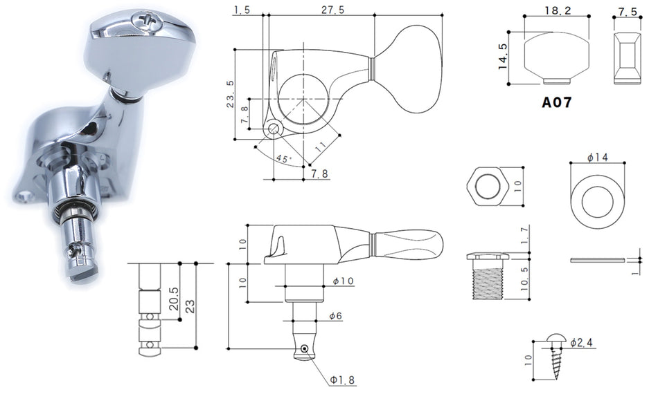 Gotoh SGL510(C)A07 H.A.P.-M Guitar Tuner with Adjustable Post from 20.5 to 23mm, 1 Left (Chrome)