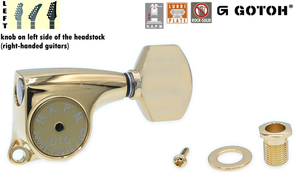 Gotoh SGL510(C)A07 H.A.P.-M Guitar Tuner with Adjustable Post from 20.5 to 23mm, 1 Left (Gold)