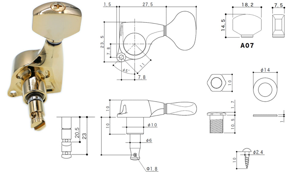 Gotoh SGL510(C)A07 H.A.P.-M Guitar Tuner with Adjustable Post from 20.5 to 23mm, 1 Left (Gold)