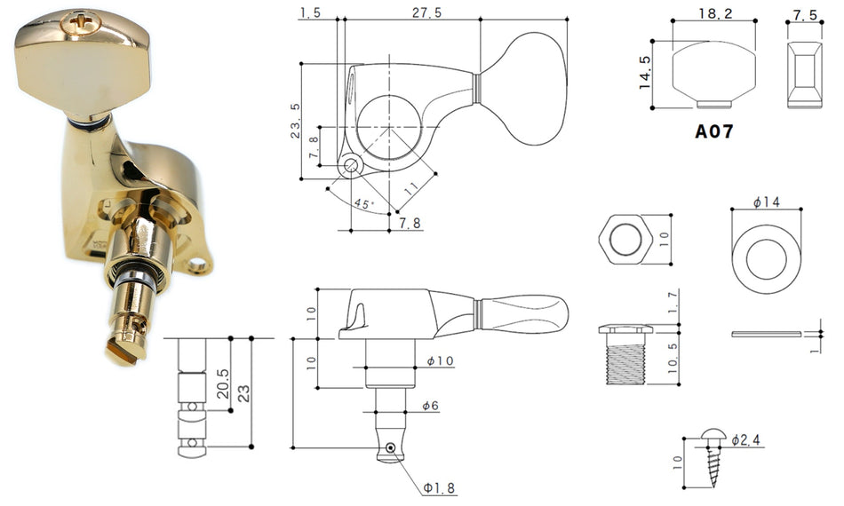 Gotoh SGL510(C)A07 H.A.P.-M Guitar Tuner with Adjustable Post from 20.5 to 23mm, 1 Right (Gold)