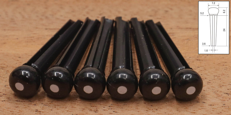 Bridge Pins, Plastic, set of 6 slotted, Black with white dot