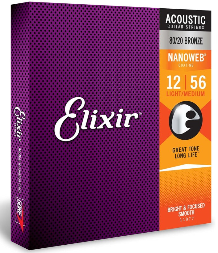 Elixir Acoustic Guitar Strings, 80/20 Bronze Nanoweb Coated, Light/Medium 11077 (12-56)