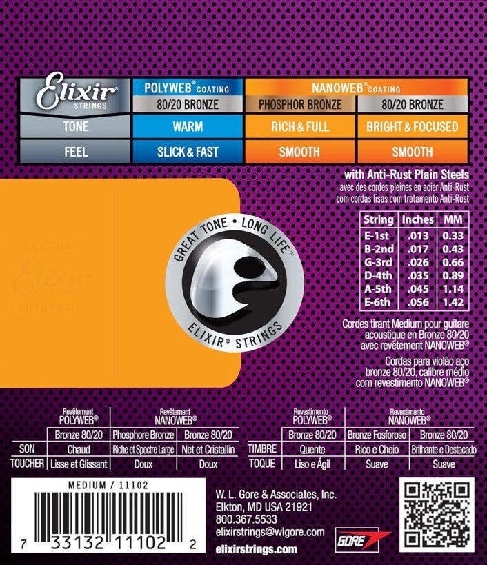 Elixir Acoustic Guitar Strings, 80/20 Bronze Nanoweb Coated, Medium 11102 (13-56)
