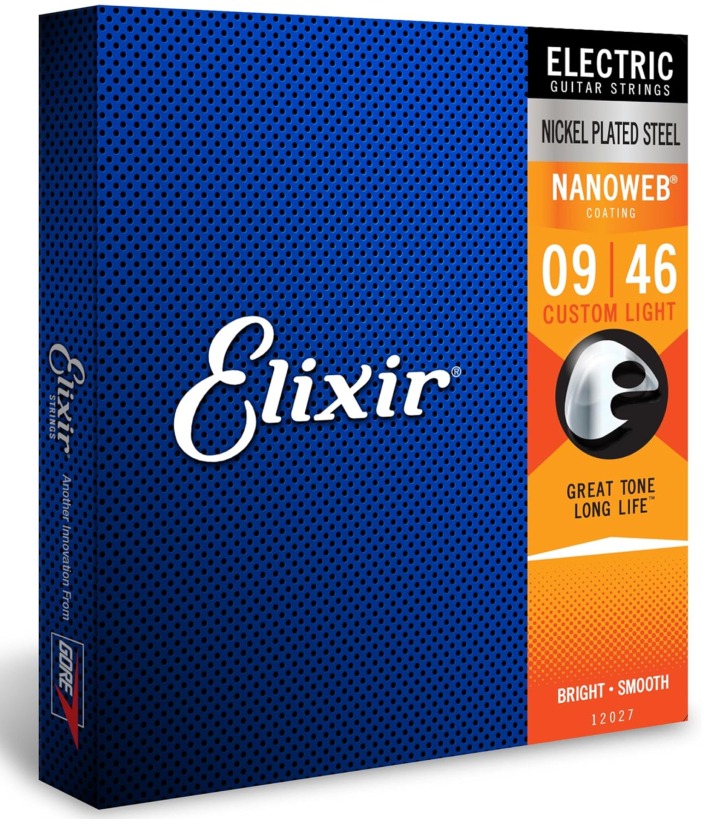 Elixir Electric Guitar Strings, Nickel Plated Steel, Nanoweb Coated, Custom Light 12027 (9-46)