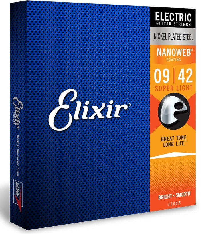 Elixir Electric Guitar Strings, Nickel Plated Steel, Nanoweb Coated, Super Light 12002 (9-42)