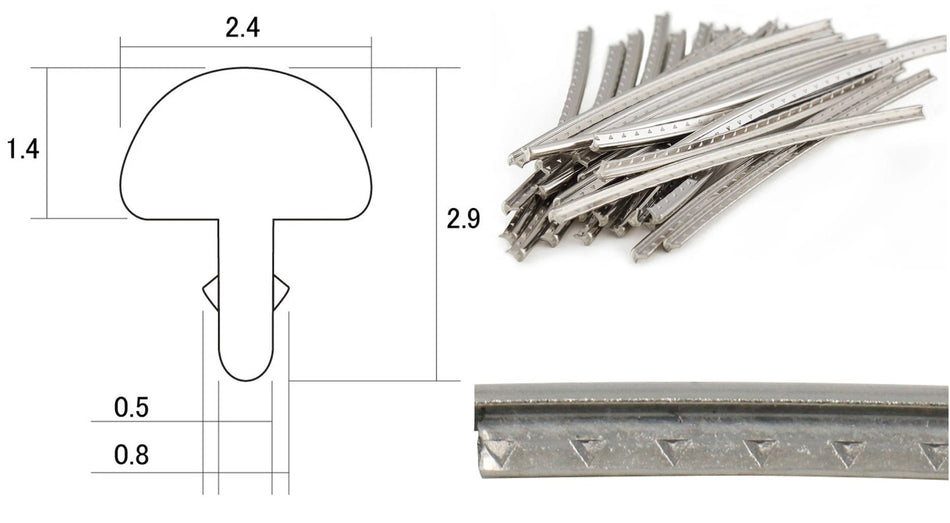 Fretwire, Medium Nickel Silver (1.4x2.4mm, 0.5 tang), pre-cut 24 pack