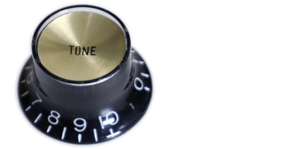 Top Hat Bell Knob for Gibson-type Guitars, CTS (Volume or Tone) Black with Gold Reflector