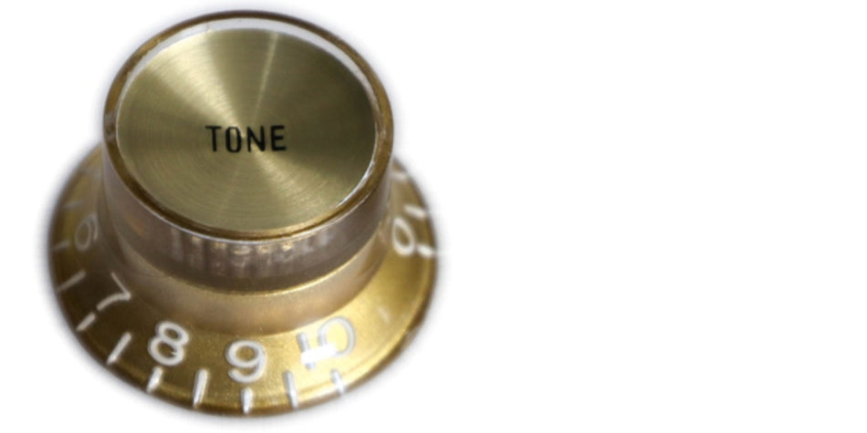 Top Hat Bell Knob for Gibson-type Guitars, Alpha (Volume or Tone) Gold with Gold Reflector