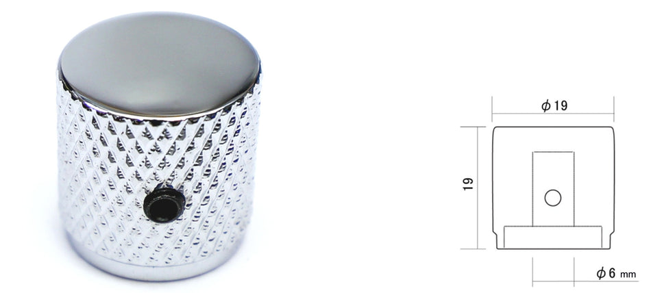 Knurled Metal Flat Top Knob, 6mm shaft fits metric and inch pots (Chrome)