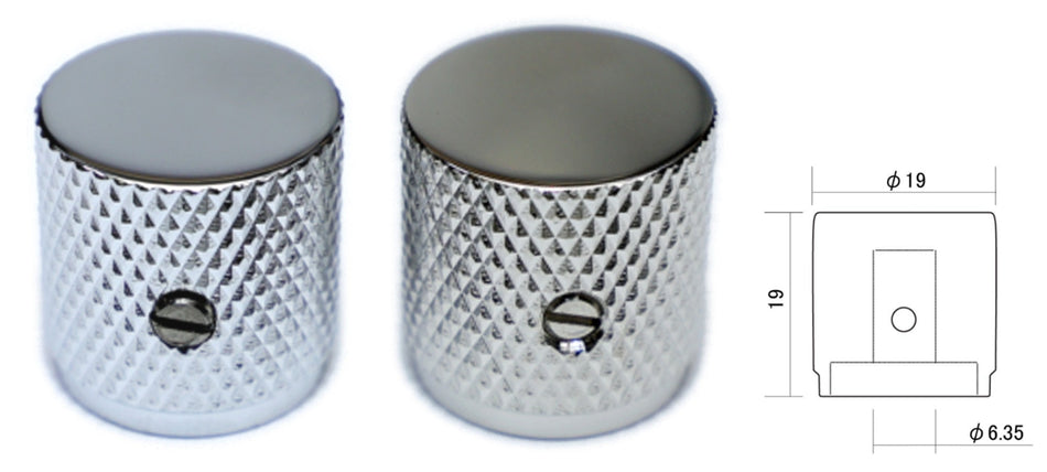 Knurled Metal Flat Top Knob, 6.35mm shaft fits inch and metric pots (chose finish)