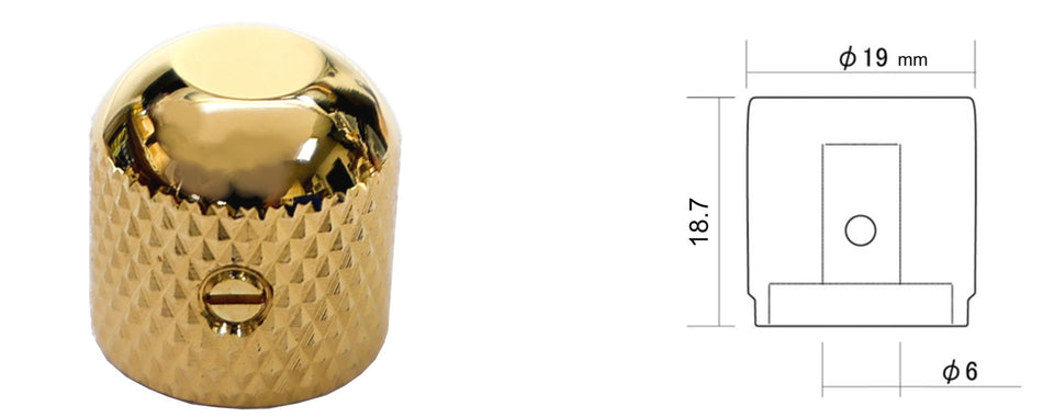 Knurled Metal Dome Knob, 6mm shaft fits metric and inch pots (Gold)