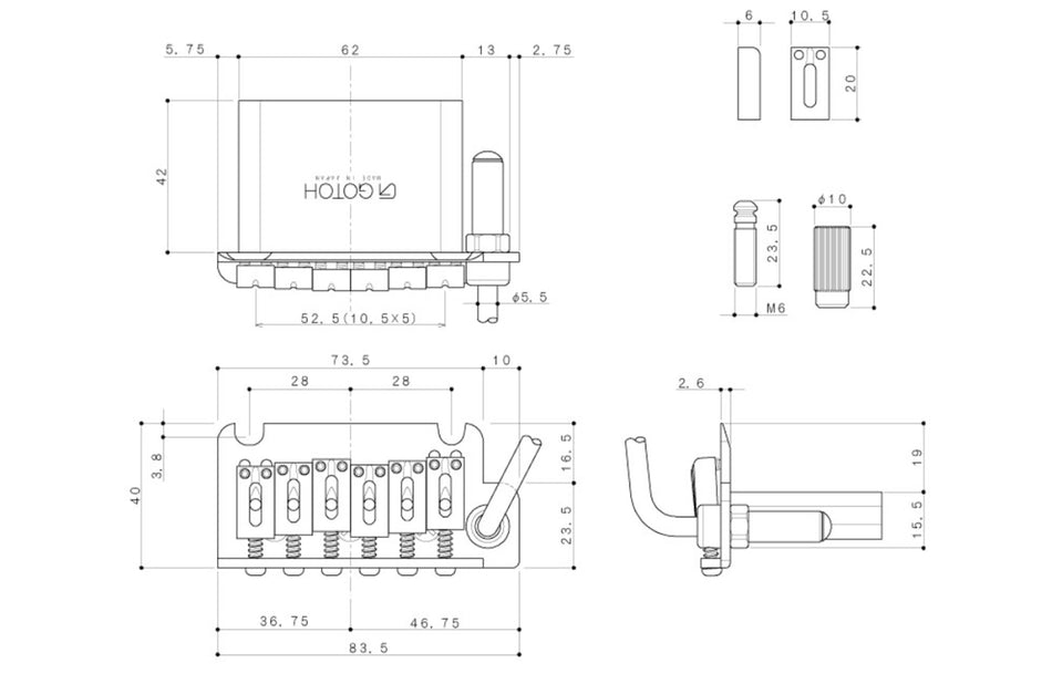 Gotoh NS510T-FE1 Tremolo Bridge, Narrow Space with 2 point Studs (choose finish)