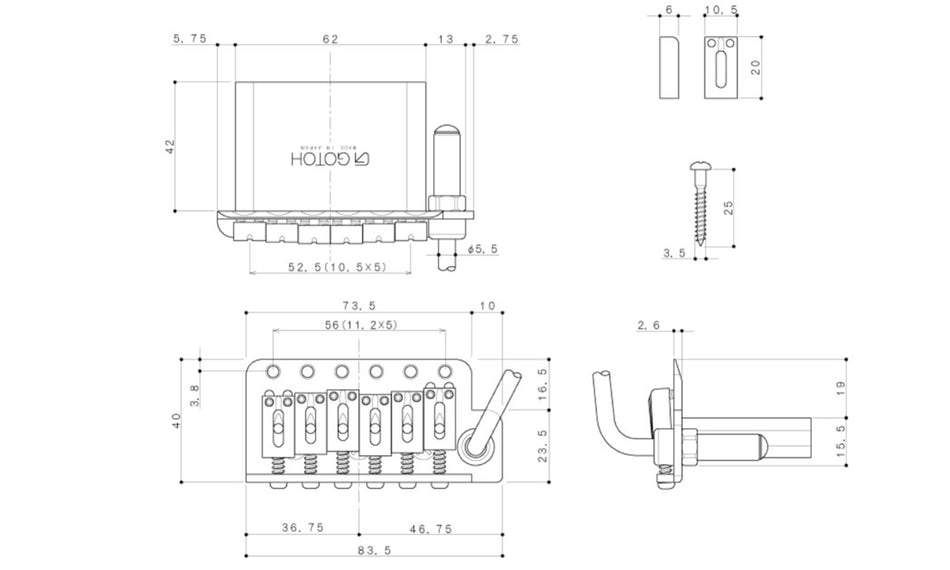 Gotoh NS510T-FE2 Tremolo Bridge, Narrow Space with 6 point mounting (choose finish)