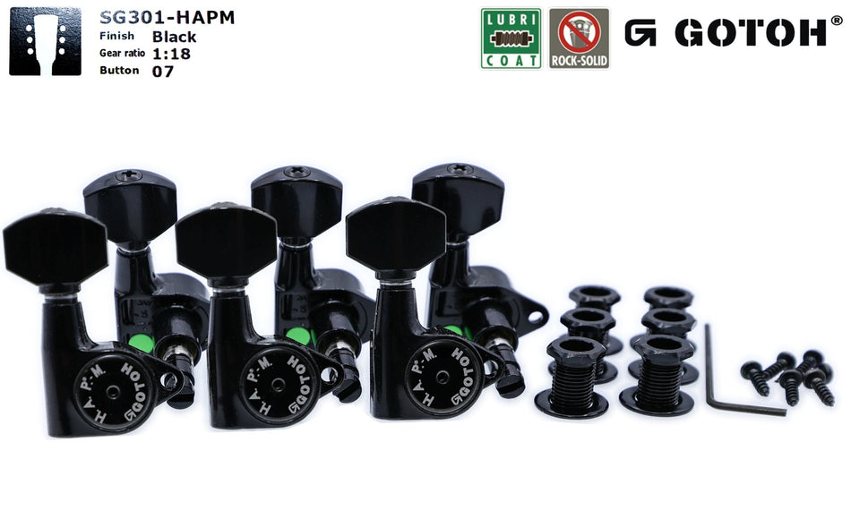 Gotoh SG301(B)07 H.A.P.M Guitar Tuners with Adjustable Locking Post, 3L+3R (Black)
