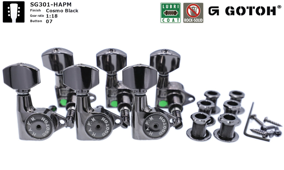 Gotoh SG301(CK)07 H.A.P.M Guitar Tuners with Adjustable Locking Post, 3L+3R (Cosmo Black)