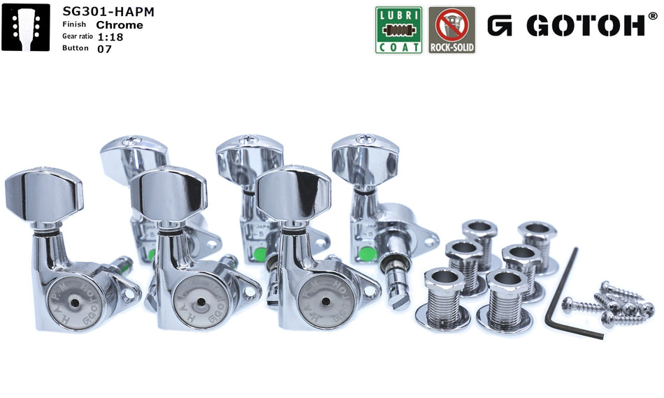 Gotoh SG301(C)07 H.A.P.M Guitar Tuners with Adjustable Locking Post, 3L+3R (Chrome)