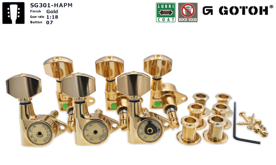 Gotoh SG301(G)07 H.A.P.M Guitar Tuners with Adjustable Locking Post, 3L+3R (Gold)