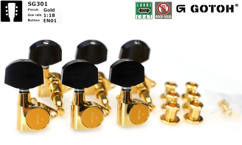 Gotoh SG301(G)EN01 Tuners with Standard Post, 3L+3R (Gold, Ebony Knobs)