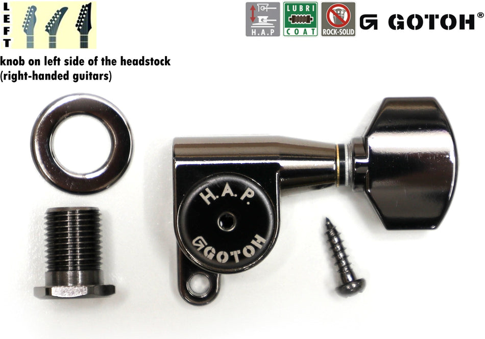 Gotoh SG360(CK)07 H.A.P. Guitar Tuner with Short Adjustable Post from 17 to 21mm, 1 Left (Cosmo Black)