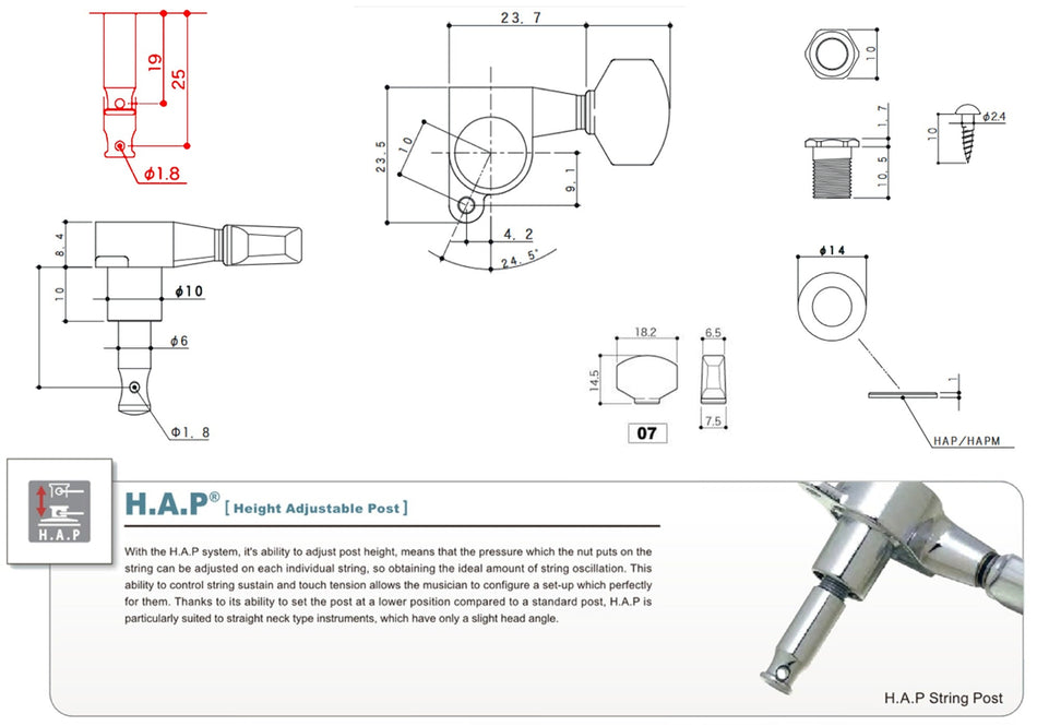 Gotoh SG360(G)07 H.A.P. Guitar Tuner with Standard Adjustable Post from 19 to 25mm, 1 Left (Gold)