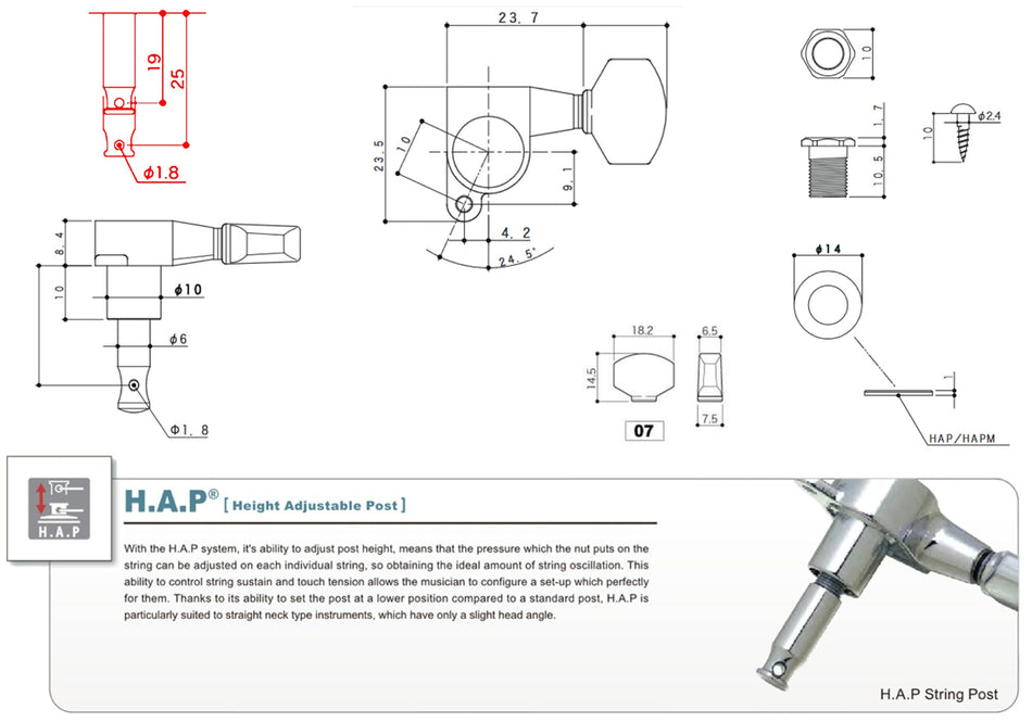 Gotoh SG360(B)07 H.A.P. Guitar Tuner with Standard Adjustable Post from 19 to 25mm, 1 Right* for Left-Hand (Black)