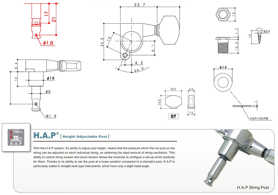 Gotoh SG360(C)07 H.A.P. Guitar Tuner with Short Adjustable Post from 17 to 21mm, 1 Right* for Left-Hand (Chrome)