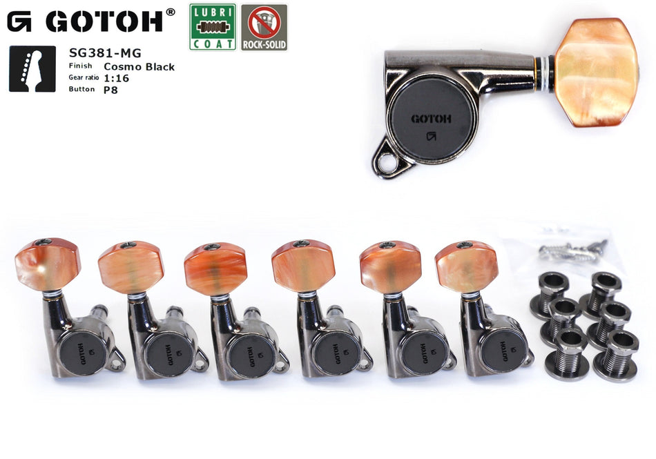 Gotoh SG381-MGT(CK)P08 Tuners with thumbscrews locking MG-T Post, 6 Left (Cosmo Black)