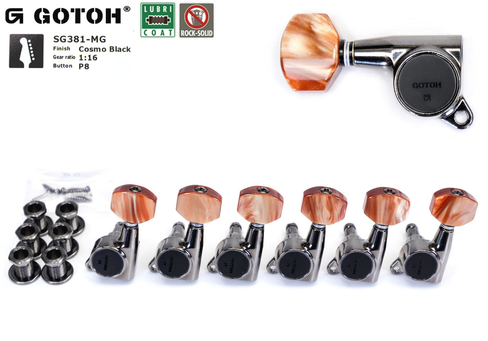 Gotoh SG381-MGT(CK)P08 Tuners with thumbscrews locking MG-T Post, 6 Right* for Left-Hand (Cosmo Black)